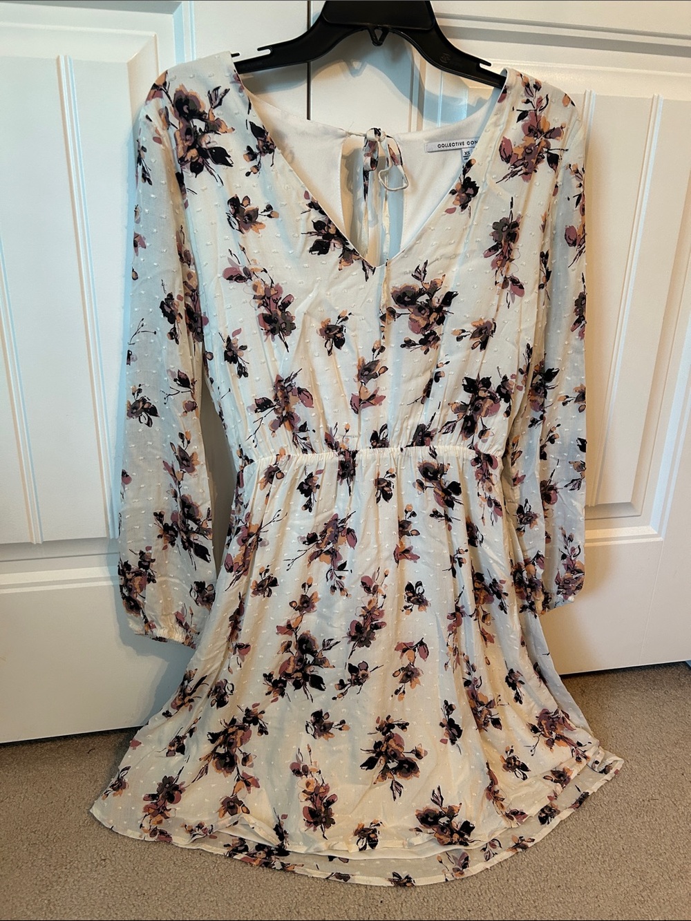 V-Neck Long Sleeve Mini Dress - Ivory with Pink & Black Flowers